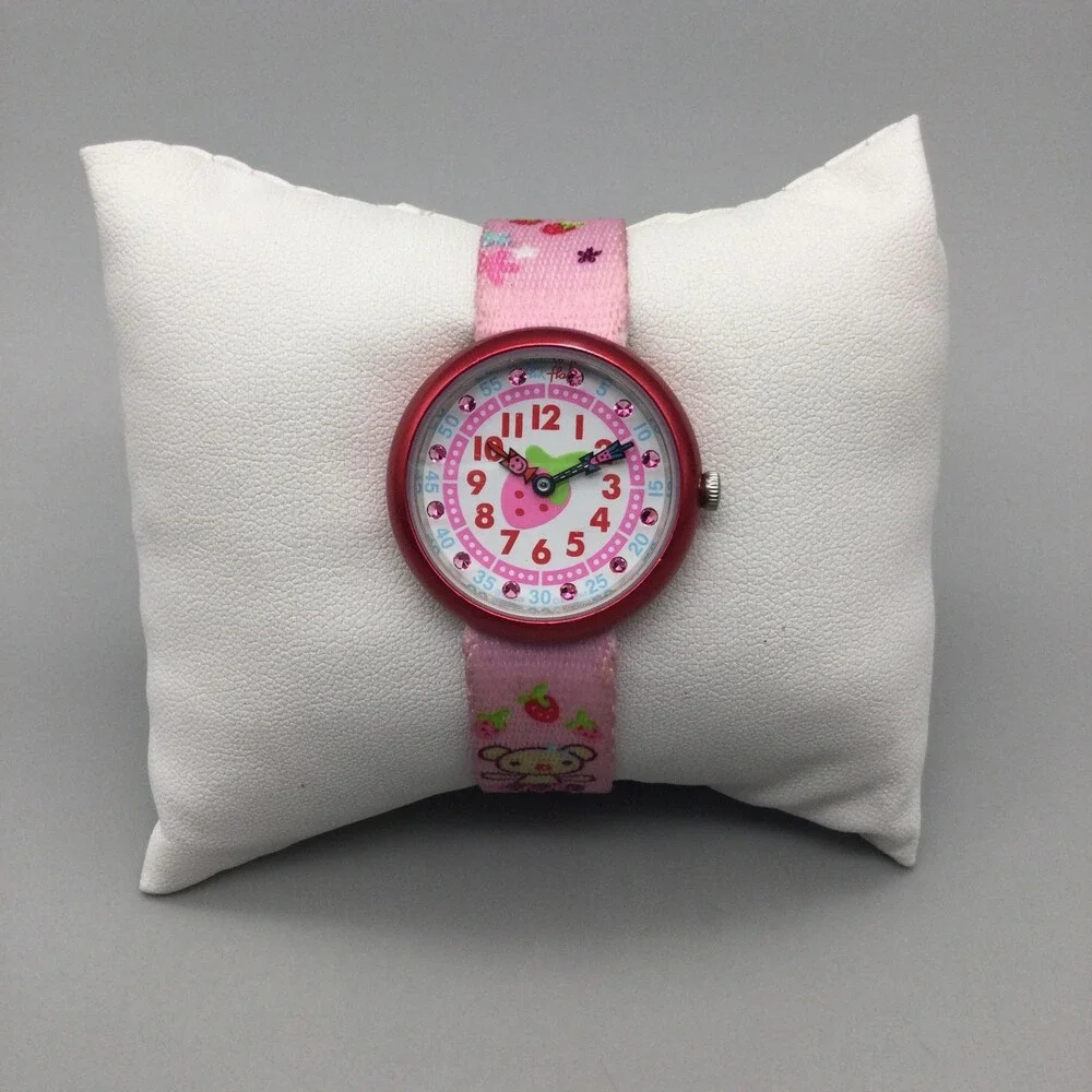 Flik Flak Prune et Fraise Girls Watch 28mm Pink Strawberry Swiss New Battery